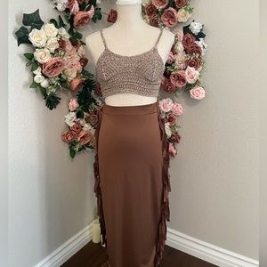Knit crop and fringe skirt